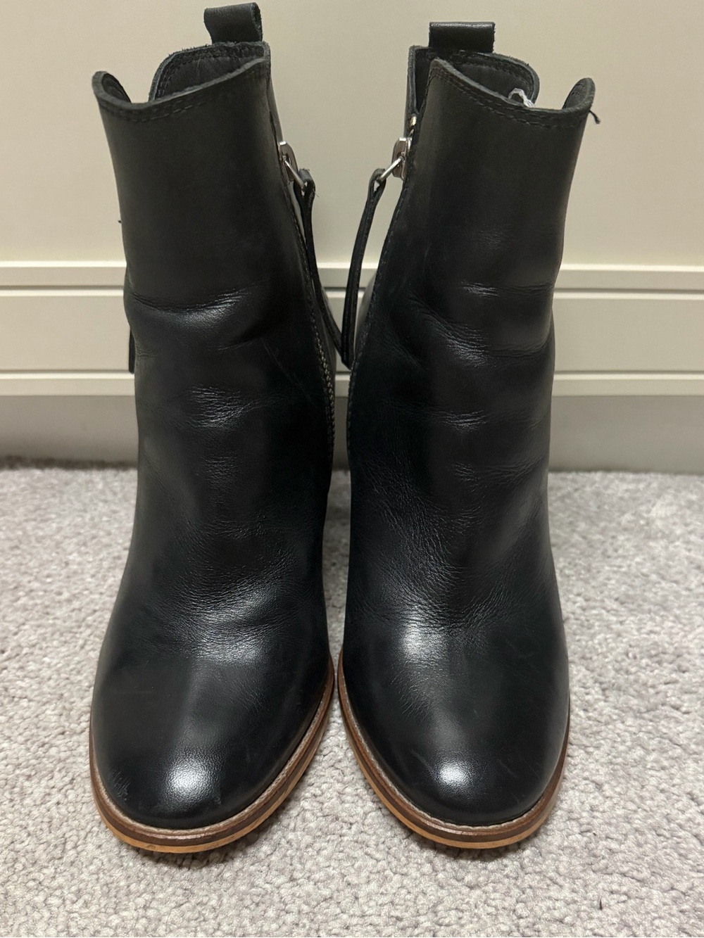 Women's Black Leather Ankle Booties with Stacked Sole